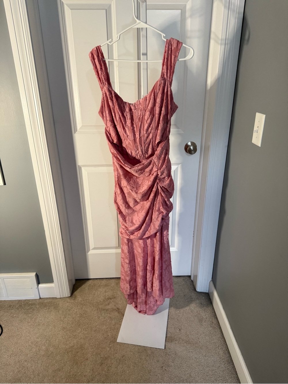 Cesca Dusty Rose Lace Draped Maxi Dress